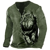 cheap Animal-Men&#039;s Graphic Wolf Henley Shirt Long Sleeve 3D Print Fashion Daily Casual Casual Holiday Going out Spring &amp;  Fall Green Army Green Dark Blue Dark Gray Henley Henley T-Shirt