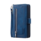abordables Carcasas Samsung-Funda para teléfono para Samsung Galaxy Z Fold 5 Z Fold 4 Z Fold 3 Funda de billetera con cremallera protección completa con correa para muñeca color liso de cuero PU
