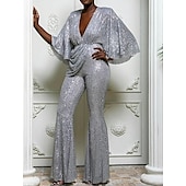 billige festdresser-dame jumpsuit høy midje paljett glitrende ensfarget v-hals elegant bryllupsfest normal passform 3/4-lengde erme sølv s m l fall