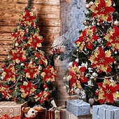 olcso Koszorúk, Girlandok és Díszek-50db piros mikulásvirág műkarácsonyi dekor, csillogó mikulásvirág karácsonyfa virágdísz, barkácsolt karácsonyi koszorú dekor