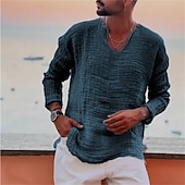 abordables Vacances-Homme Chemise Lin Chemisette Chemise d&#039;été Tenues de plage Chemise décontractée Plein Vacances Curise Blanche Bleu Marron Kaki manche longue Col V Printemps été Vêtement Tenue