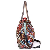 baratos Malas com Alça-bolsa tote feminina de couro trançado multicolorido com alças duplas e estilo boho patchwork, bolsa de ombro grande para viagens, eventos de arte e uso diário casual