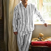 billiga Pyjamas-Herr Vardagsklädsel Sovkläder Pyjamas set Pyjamastopp och byxa 2 delar Rand Stylish Ledigt Komfort Hem Dagligen Bomullsblandning Komfort Kavajslag Långärmad Skjorta Byxa Snörning Elastisk midja