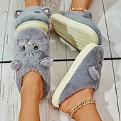 ieftine Flip-Flops de Damă-papuci de pisică de pluș pentru femei - papuci confortabili de interior cu blană, cu urechi drăguțe și broderie pentru îmbrăcăminte de iarnă acasă