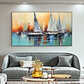 abordables Peintures paysages-peinture à l&#039;huile faite à la main toile mur art décor original voilier coloré en entier pour la décoration intérieure avec cadre étiré sans peinture de cadre intérieur