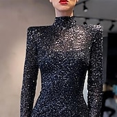 abordables NOIR-Robe de soirée sirène Élégante Robe Formelle Cocktail Longueur de sol Manches longues Col haut Sequins avec Robe de bal à sequins