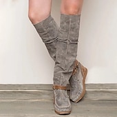 cheap Cowboy &amp; Western Boots-Women&#039;s Suede Knee-High Boots with Wedge Heel and Buckle Strap - Bohemian Style Casual Boots in Denim Blue
