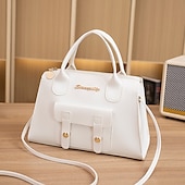 preiswerte Handtaschen und Tragetaschen-Weiße Damenhandtasche aus Kunstleder mit Tragegriff oben und Schnallendetail vorne – elegante, strukturierte Umhängetasche für Büro, Reisen und den täglichen Gebrauch