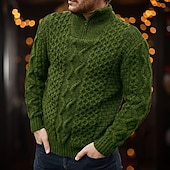 baratos suéter pulôver masculino-Homens Pulôver irlandês Pulôveres Aran camisolas de natal Pulôver suéter Suéter com zíper de um quarto Estriado Cabo Tricotar Padrão Half Zip Tricotado Tecido Colarinho Chinês Contemporâneo Moderno