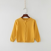 cheap Sweaters &amp; Cardigans-Kids Girls&#039; Cardigan Solid Color School Long Sleeve Active Cotton 7-13 Years Spring Water Blue turmeric Dark powder