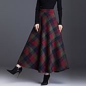 olcso Szoknyák-Női Szoknya A-vonalú Hinta Kockás szoknya Elegáns Divat Maxi Magas derék Szoknyák Kockás Zseb Nyomtatott Vakáció Utca Rubin Kék Zöld Khakizöld Tél Poliészter