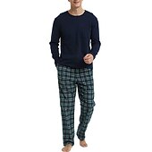 billiga Pyjamas-Herr Vardagsklädsel Sovkläder Pyjamas set Pyjamastopp och byxa 2 delar Rutig Stylish Ledigt Komfort Hem Dagligen Bomullsblandning Komfort Rund hals Långärmad T-shirt Byxa Snörning Elastisk midja