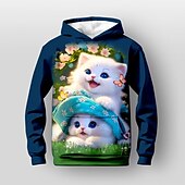 billiga Flickans 3D-djur-Flickor 3D Blommig Tecknat Katt Huvtröja Långärmad 3D-tryck Höst Vinter Aktiv Mode söt stil Barn 3-12 år Utomhus Ledigt Dagligen Normal