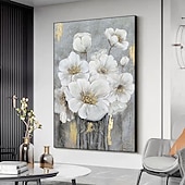 preiswerte Blumen-/Botanische Gemälde-Handgefertigtes handgemaltes Ölgemälde an der Wand, abstraktes Ölgemälde mit weißen blühenden Blumen auf Leinwand, originales goldenes Blumen-Acrylgemälde, modernes großes Wandkunst-Dekor, gerollte