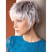 cheap Older Wigs-Short Grey Pixie Cut Wigs for Women layered Synthetic Hair Mixed Gray Wig with White Bangs Natural Wavy Wigs for Old Lady