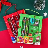 abordables fournitures de peinture, de dessin et d&#039;art-6 pièces/ensemble coffret cadeau de papeterie portable de noël contient 2 crayons 1 taille-crayon 1 gomme 1 règle 1 papier autocollant pour les élèves du primaire enfants apprenant le prix du cadeau
