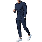 billiga Set med herr-T-shirts-Herr Henleytröja T-shirtkostymer Träningsoverall Tennisskjorta Långärmad Henley Vår &amp; Höst Slät Gymnastik Ledigt 2 st Semester Dagliga kläder Sportkläder Svart Vit Marinblå Topp t-shirt för män