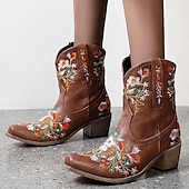 abordables Cowboy y botas occidentales-Botas vaqueras occidentales vintage para mujer: botines de piel sintética con bordados florales para uso informal y festivo