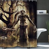 baratos Cortinas de chuveiro de Halloween-Cortina de chuveiro de terror de Halloween com ganchos para cortina de chuveiro de banheiro conjunto de decoração de banheiro de poliéster à prova d&#039;água 12 pacotes de ganchos de plástico decoração de