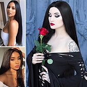 levne Paruky filmových postav-dospělý addams family deluxe morticia paruka dlouhé černé syntetické vlasy paruky halloween paruky