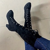 cheap Fashion Boots-Women&#039;s Black Lace-Up Knee-High Boots with Block Heels - Elegant and Edgy for Fall and Winter, Ideal for Casual Wear, Parties, and Nights Out
