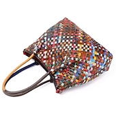 baratos Malas com Alça-bolsa tote feminina de couro trançado multicolorido com alças duplas e estilo boho patchwork, bolsa de ombro grande para viagens, eventos de arte e uso diário casual