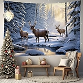 cheap Landscape Tapestry-Winter Wonderland Hanging Tapestry Wall Art Large Tapestry Mural Decor Photograph Backdrop Blanket Curtain Home Bedroom Living Room Decoration Snow Reindeer