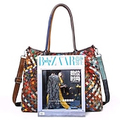 baratos Malas com Alça-bolsa tote feminina de couro trançado multicolorido com alças duplas e estilo boho patchwork, bolsa de ombro grande para viagens, eventos de arte e uso diário casual