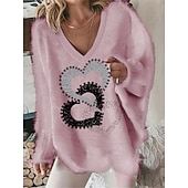 ieftine Modele grafice și detalii-Pentru femei Pulover pulover Stilat Moale Inimă Fuzzy Stil Nautic Imprimeu Umăr scăpat Manșon Lung Topuri obișnuite Tricotat Ieșire Sfârșit de săptămână Alb Roz Îmbujorat Toamnă Iarnă