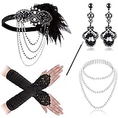 olcso Kiegészítők és még sok más-Szüret 1920-as évek A nagy Gatsby Flapper fejpánt Kiegészítő készlet Charleston Esküvői Vendég Toll Női Álarcos mulatság Esküvői fogadás Lánybúcsú Fesztivál Felnőttek Kesztyűk Fejpánt Minden évszak