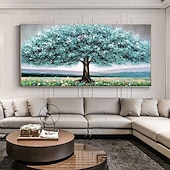 cheap Floral/Botanical Paintings-Handmade Hand Painted Oil Painting Wall Art Huge Green Oil Painting of Happy Tree Symbolizing Vibrancy and Vitality Decor Rolled Canvas No Frame Unstretched
