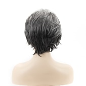 cheap Older Wigs-Short Grey Pixie Cut Wigs for Women layered Synthetic Hair Mixed Gray Wig with White Bangs Natural Wavy Wigs for Old Lady