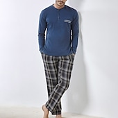 baratos Pijamas-Homens Loungewear Roupa de Dormir Conjunto de Pijama Top e calça de pijama 2 Peças Xadrez à moda Casual Conforto Casa Diário Misto de Algodão Conforto Henley Manga Longa Camiseta Calça Com Cordão