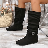 olcso Slouch Boots-fekete, lábszárközépig érő női csizma csatos pánttal és oldalsó cipzárral, kényelmes lapos sarkú, hétköznapi őszi és téli ruhákhoz