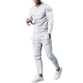 billiga Set med herr-T-shirts-Herr Henleytröja T-shirtkostymer Träningsoverall Tennisskjorta Långärmad Henley Vår &amp; Höst Slät Gymnastik Ledigt 2 st Semester Dagliga kläder Sportkläder Svart Vit Marinblå Topp t-shirt för män