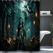 baratos Cortinas de chuveiro de Halloween-Cortina de chuveiro de terror de Halloween com ganchos para cortina de chuveiro de banheiro conjunto de decoração de banheiro de poliéster à prova d&#039;água 12 pacotes de ganchos de plástico decoração de