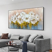 preiswerte Blumen-/Botanische Gemälde-Handgefertigtes handgemaltes Ölgemälde an der Wand, abstraktes Ölgemälde mit weißen blühenden Blumen auf Leinwand, originales goldenes Blumen-Acrylgemälde, modernes großes Wandkunst-Dekor, gerollte