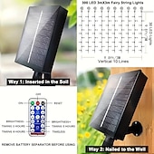 abordables Guirlandes solaires-3*3m 300 led solaire rideau lumière extérieure télécommande lumière 8 modes d&#039;éclairage guirlandes ip65 étanche fil de cuir lumières fête de noël mariage maison chambre jardin décoration murale