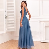 preiswerte Abendkleider-A-Linie Abendkleid Elegant Kleid Abendgesellschaft Abschlussball Bodenlang Ärmellos V Ausschnitt Gürtel / Schärpe Tüll V-Ausschnitt mit Glitzer Stickerei 2025