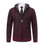 お買い得  メンズカーディガンセーター-男性用 カーディガンセーター ジップセーター 秋のセーター リブ ニット レギュラー ポケット ニット 平織り フード付き ウォームアップ 現代コンテンポラリー デイリーウェア お出かけ 衣類 冬 ワインレッド ブルー S M L