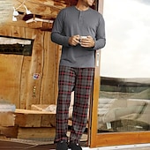 baratos Pijamas-Homens Loungewear Roupa de Dormir Conjunto de Pijama Top e calça de pijama 2 Peças Xadrez à moda Casual Conforto Casa Diário Misto de Algodão Conforto Henley Manga Longa Camiseta Calça Com Cordão