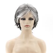 cheap Older Wigs-Short Grey Pixie Cut Wigs for Women layered Synthetic Hair Mixed Gray Wig with White Bangs Natural Wavy Wigs for Old Lady