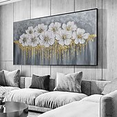 preiswerte Blumen-/Botanische Gemälde-Handgefertigtes handgemaltes Ölgemälde an der Wand, abstraktes Ölgemälde mit weißen blühenden Blumen auf Leinwand, originales goldenes Blumen-Acrylgemälde, modernes großes Wandkunst-Dekor, gerollte