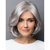 cheap Older Wigs-Short Grey Pixie Cut Wigs for Women layered Synthetic Hair Mixed Gray Wig with White Bangs Natural Wavy Wigs for Old Lady