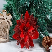olcso Koszorúk, Girlandok és Díszek-50db piros mikulásvirág műkarácsonyi dekor, csillogó mikulásvirág karácsonyfa virágdísz, barkácsolt karácsonyi koszorú dekor