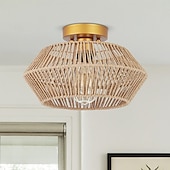 cheap Ceiling Lights-Rattan Semi-Flush Mount Ceiling Light with Brass Canopy, 11 Inch Semi-Flush Mount Lamp with Hand-Woven Rope Shade, Bohemian Ceiling Light for Hallway, Bedroom, Kitchen, Entryway 110-240V