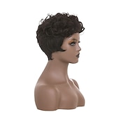cheap Black &amp; African Wigs-Dark Brown Short Pixie Cut Wigs for Black Women Curly Hair Replacement Short Black Layered Wavy Pixie Wigs With Bangs For Black Women