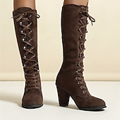 cheap Fashion Boots-Women&#039;s Black Lace-Up Knee-High Boots with Block Heels - Elegant and Edgy for Fall and Winter, Ideal for Casual Wear, Parties, and Nights Out