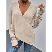 abordables Colores sólidos-Mujer Pulóveres Pull-over Saltador Cruzado De Punto Color sólido Elegante Casual Manga Larga Ajuste regular Cárdigans suéter Escote en Pico Otoño Invierno Azul Piscina Morado Rosa / Festivos / Noche
