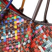 baratos Malas com Alça-bolsa tote feminina de couro trançado multicolorido com alças duplas e estilo boho patchwork, bolsa de ombro grande para viagens, eventos de arte e uso diário casual